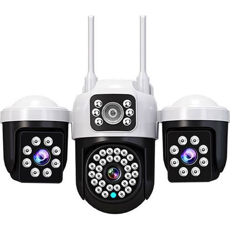 Caméra de surveillance WiFi 3 objectifs 3 écrans simultanés PTZ, caméra IP extérieure étanche IP66, 6MP, rotation horizontale 355° verticale 90°, vision nocturne infrarouge 10m, audio bidirectionnel (1/4)
