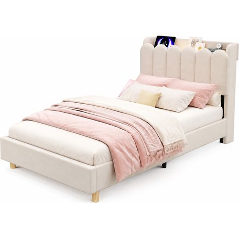 Cama infantil CHICFURN 90x200 cm de terciopelo beige con somier de láminas y cabecero (1/5)