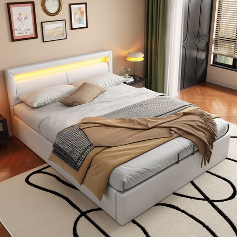 Lit coffre avec LED 140x200cm - en similicuir - Blanc (1/5)