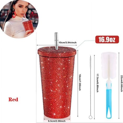 Gobelet isotherme à paillettes et strass rouges 750 ml avec couvercle et paille intégrée (1/5)