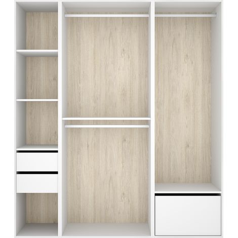 Armoire dressing ouverte avec fond arrière réversible, penderie avec 2 tringles,2 tiroirs et une porte chaussures, coloris blanc/naturel - Hauteur 204,5 x Longueur 179,5 x Profondeur 45 cm (1/5)