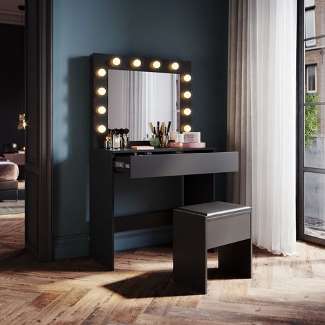 SONNI Schminktisch mit Spiegel und 12 LED-Glühbirnen, drei Lichtmodis wechseln, Schminkkommode, Frisiertisch mit 1 Schublade und Hocker, Schwarz (1/5)