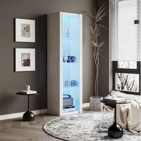 Vitrine blanche brillante avec LED, 3 étagères en verre, 55 x 38 x 166 cm DESVIAE (1/5)