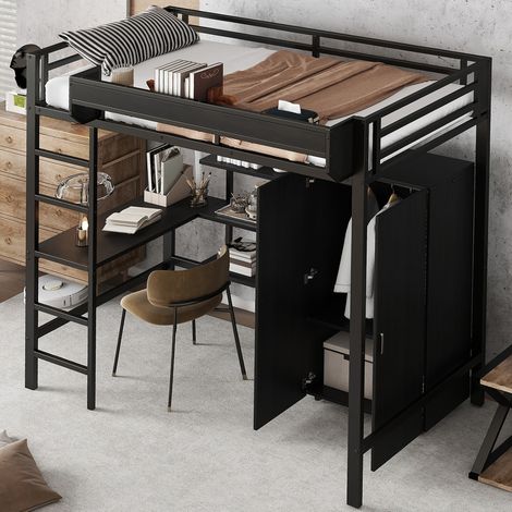 Cama litera 90x200 cm negra metal y madera con escritorio y armario (1/5)