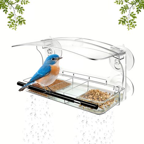 Mangeoire à Oiseaux Transparente pour Fenêtre avec Ventouses Puissantes et Toit Anti-Pluie Mangeoire Suspendue en Acrylique à 3 Compartiments pour Oiseaux Sauvages (1/5)