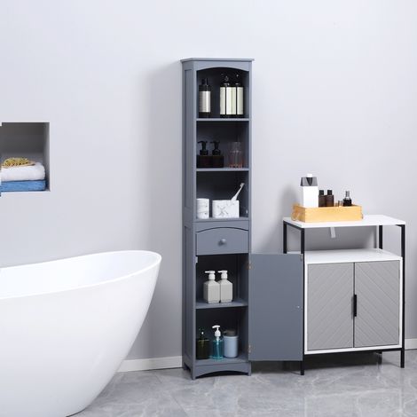 Meuble de salle de bain haut et étroit avec 1 tiroir et 3 étagères ouvertes, style moderne, 34 x 24 x 170 cm, gris