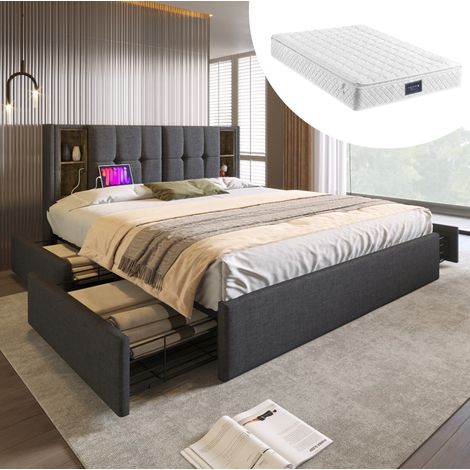 Bett 160x200 cm Polsterbett Grau in Leinenoptik, mit Kopfteil, kabellosem Laden, USB/USB-C und 4 Schubladen (1/5)