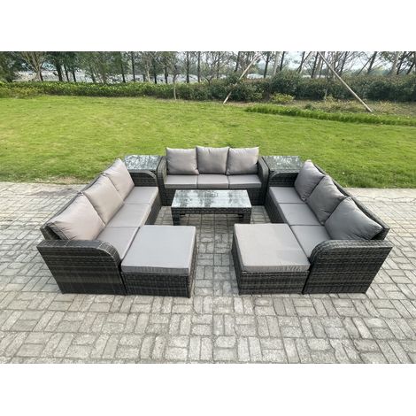 Fimous Salon de jardin 11 places Meubles de jardin avec Table basse 2 Grand tabourets 2 Tables d'appoint Gris foncé mixte (1/5)