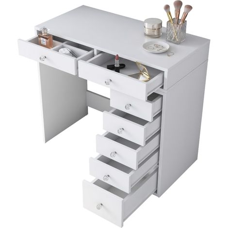 Toallero Rivello, Tocador con Espejo Incluido, 7 Cajones, Estructura Transparente, 90x45x82h cm Blanco