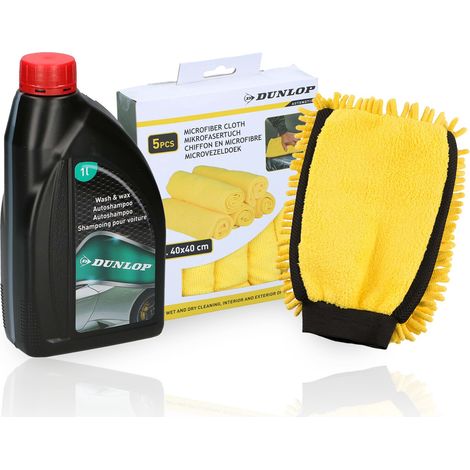Dunlop Pack Entretien Auto 3-en-1 – Shampooing Lavant & Cirant 1L, Gant de Lavage Double Face & Lot de 5 Chiffons Microfibre (1/4)