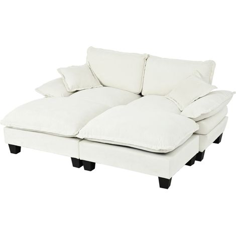 Canapé d’angle modulable beige en chenille avec 2 ottomanes mobiles et coussins doux (1/5)