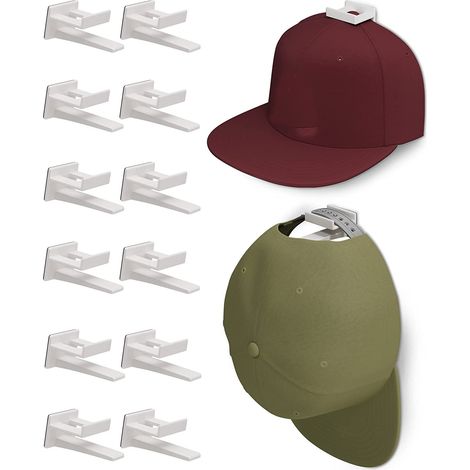 Adhesive Hat Rack Display Haken für Wand & Tür (12 Stück) Baseball Cap Halter, Schrank & Aufbewahrungs-Organizer, Starker Kappenaufhänger für Zimmer & Mancave, Ohne Bohren (Weiß) (1/4)