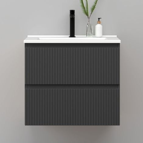Meuble de salle de bain suspendu Strié 60cm avec simple vasque + 2 tiroirs, Anthracite