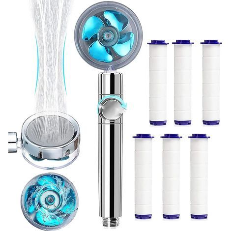 Handheld shower head, water-saving anti-limescale shower, high-pressure propeller shower, three-stage filtration system, with 6 replaceable PP cotton pads, blue (1/5)