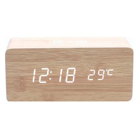 Beige wooden alarm clock with wireless charger, compatible with iPhone and Samsung, LED digital display, sound control function, time, date and temperature display. (1/3)