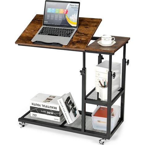COSTWAY Tavolino Porta PC Regolabile in Altezza e Inclinazione, Tavolo Laterale per Letto e Divano con Ruote, Tavolino in Legno e Metallo per Salotto e Camera da letto, 80 x 40 x 64-95 cm (marrone)