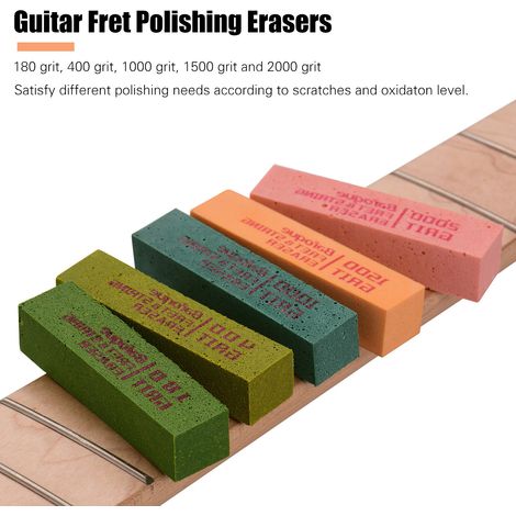 Blocs de caoutchouc abrasifs pour le polissage des frettes de guitare, disponibles en grains 180, 400, 1000, 1500 et 2000, pour l'entretien et le polissage des cordes de guitare. (1/5)