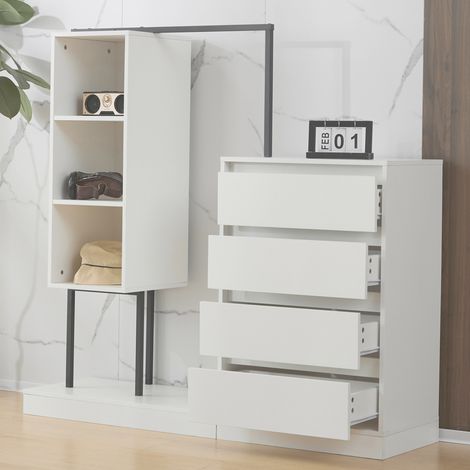 Schubladenschrank, Kleiderschrank-Set, weißer Kleiderschrank, Sideboard, Kleiderstange, Maße: B140/W40/H135,weiß (1/5)