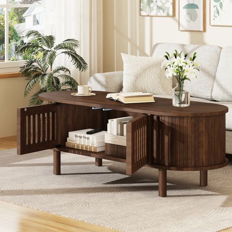 Table basse ovale avec rangement 100 x 40 x 38 cm MDF et pieds en bois noyer OKMYHOME (1/5)