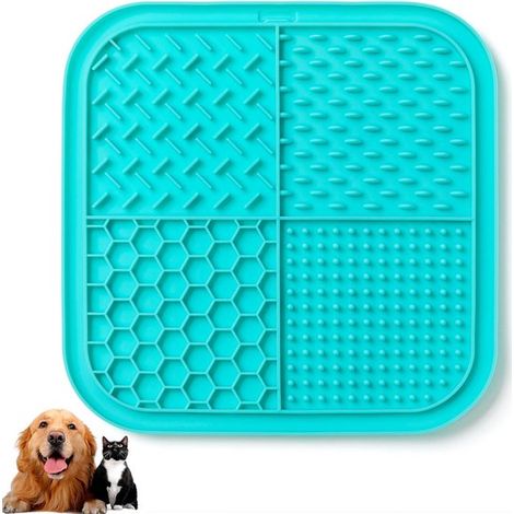 Tapis de léchage pour chien et chat 20 x 20 cm en silicone, tapis d'alimentation lente antiglouton, favorise l'occupation et la stimulation, lavable au lave-vaisselle, bleu (1/5)