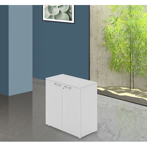 Meuble de bureau bas à deux portes avec serrure, couleur Blanc, H87x90x45cm