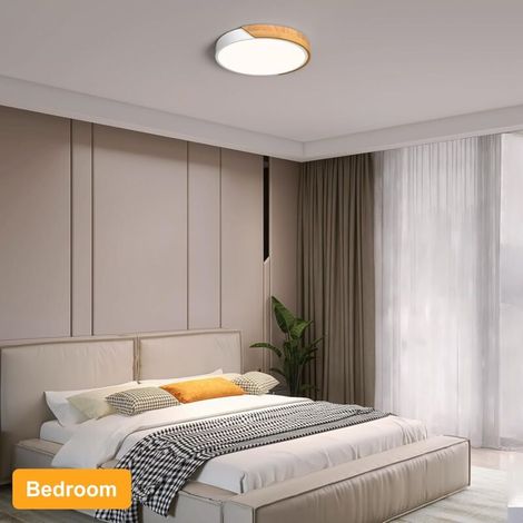 Runde LED-Deckenleuchte, 30 cm, 24 W, skandinavischer Stil, Naturholz und weißes Metall, für Wohnzimmer, Büro, Schlafzimmer – schlichtes und helles Design