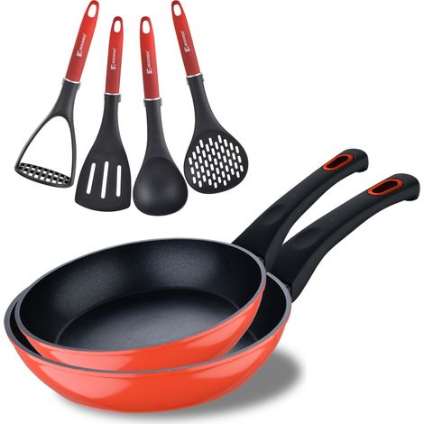 Juego de 2 Sartenes Ã20Ã24cm CLASSIQUE en aluminio forjado antiadherentes + Utensilios de cocina rojos Bergner