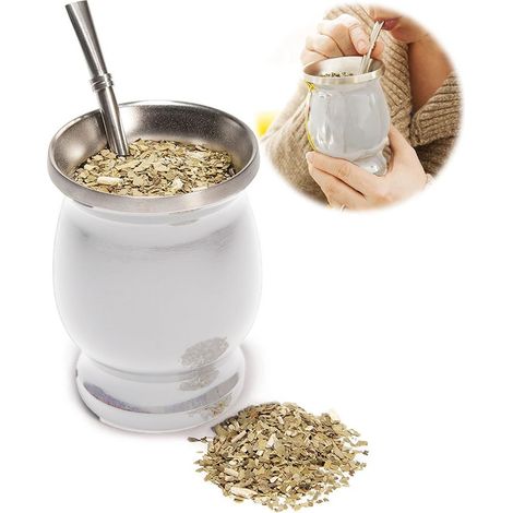 Mate-Becher 230 ml (8 oz), in Form einer Kalebasse, weißer Isolierbecher (mit Löffel, Strohhalm und Reinigungsbürste). (1/5)