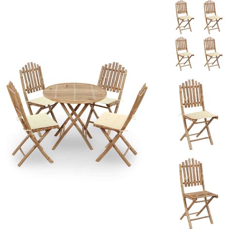 5-tlg. Garten-Essgruppe mit Kissen Klappbar Bambus - Bambus Möbel - Gartentisch - Gartenstühle - Esstisch - Esszimmerset (1/5)