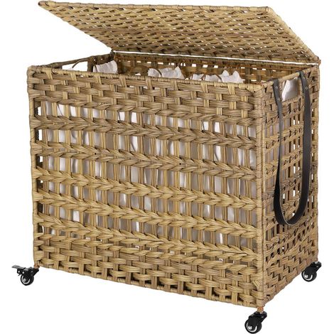 Cesto para la ropa sucia tejido a mano cesto para la ropa móvil de imitación de ratán 3 compartimentos de clasificación asas de la tapa bolsas extraíbles sala de estar baño 66 cm lavadero marrón 12000 (1/4)