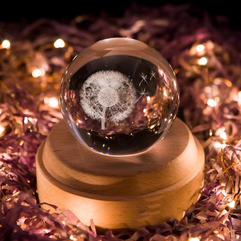 Boîte à musique lumineuse LED avec boule de cristal 3D rotative et socle en bois - Cadeau idéal pour un anniversaire ou Noël (Pissenlit) (1/3)