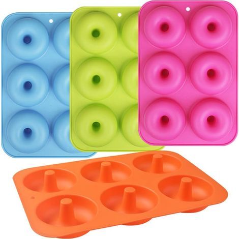 Set mit 4 antihaftbeschichteten Silikon-Donutformen mit je 6 Mulden für Donuts und Bagels, blau + grün + pink + orange (1/5)