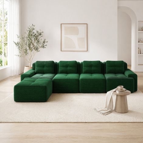 Canapé modulaire Vert Velours côtelé, Canapé d'angle 4 places en L avec repose-pieds, Sans assemblage, Assise ultra-profonde, 382x177x69cm (1/5)