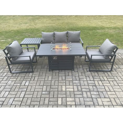 Fimous Aluminium Outdoor Garden Furniture Set Gas Fire Pit Dining Table Set Gas Heater Burner with 2 Arm Chair Side Table Dark Grey 5 Seater (1/5)