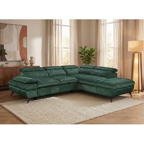 Canapé d'angle convertible avec coffre en velours chiné vert LUFY (1/5)