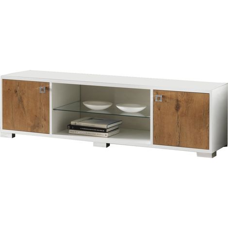 Meuble TV moderne bois Oak et blanc brillant Sting 160cm (1/2)