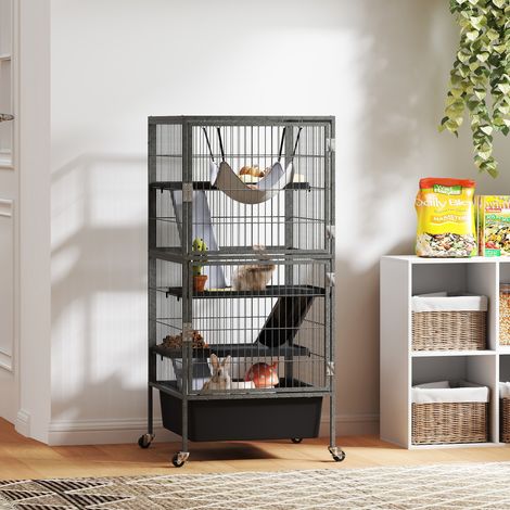 Gabbia per Piccoli Animali a 4 Livelli con Rampe, Piattaforme, Amaca e Ruote, 52x52x115 cm, Grigio