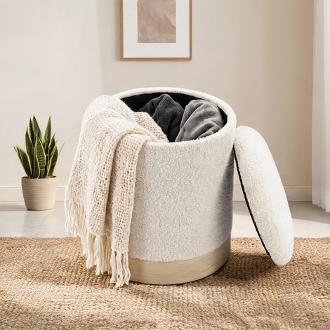 Pouf coloris blanc crème en sherpa-Fleece 38 x 38 x 45 cm (1/5)