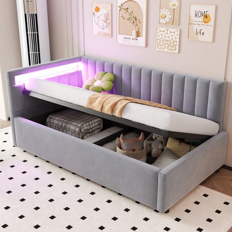 Letto 90x200 cm - Divano letto contenitore 90x200 - con LED, rete a doghe - Tessuto velluto - grigio chiaro (1/5)