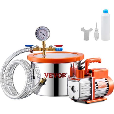 Pompe à Vide 99 L/min Chambre à Vide Inox 5,7 L 1,5 gal, Kit Chambre Dégazage Pompe à Vide Un Étage, Couvercle Acrylique, Bouteille Huile 330 mL, Tuyau 1,5 m, pour Dégazage Résine Époxy Silicone (1/5)