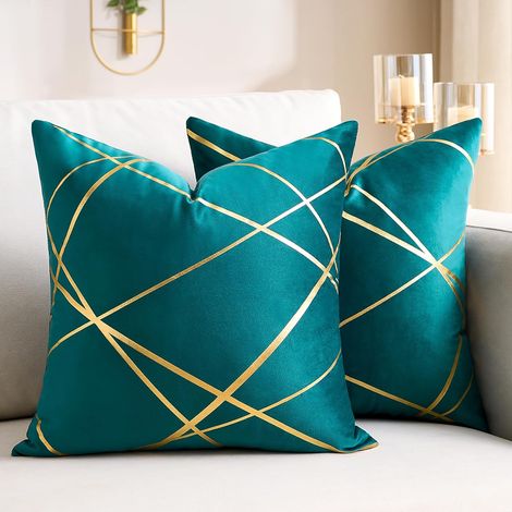 Housse de Coussin 40x40 Cm Velours Coussin Bleu Vert Décoratifs Housses d'oreiller Lignes Dorées Géométrie Coussin Salon Chambre Banc Taie Coussin canapé Lot de 2 (1/5)