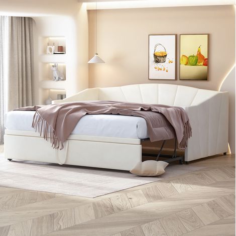 Bett Schlafbett ausziehbar 90x200 180x200 Beige OKMYHOME (1/5)