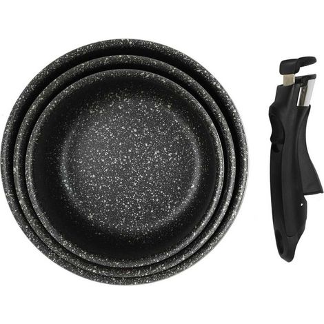 Set de 3 casseroles en aluminium revêtement effet pierre avec 1 poignée amovible (1/5)