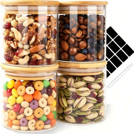 Lot de 4 Bocaux en Verre Hermetiques avec Couvercle en Bambou - 4x 400ml Bocal en Verre - Pot en Verre avec Étiquettes - Boite Rangement pour Céréales, Haricots, Épices (1/5)