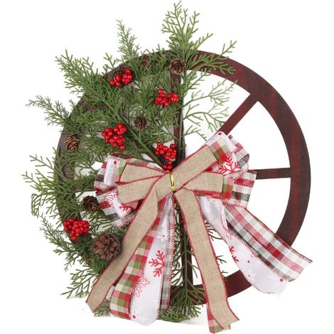 Couronne de Noël avec Roue de Camion Rouge et Nœud Papillon, Décoration Murale en Bois pour Intérieur et Extérieur (1/5)