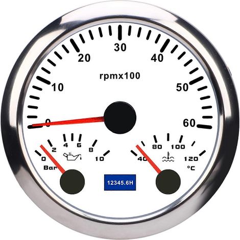 3-in-1-Anzeige (85 mm): Drehzahlmesser (9–32 V DC, 6000 U/min), Öldruckanzeige (0–10 bar), Wassertemperaturanzeige (40–120 °C), 7-farbige Hintergrundbeleuchtung, geeignet für Pkw, Boote und Lkw. (1/5)