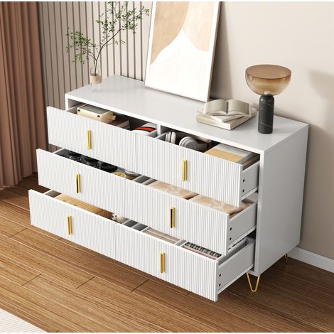 Aparador 120 x 40 x 77 cm con 6 cajones, blanco y dorado HAVRYA (1/5)