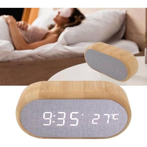 Sveglia digitale in legno con controllo vocale, retroilluminazione a LED, indicatore di temperatura, allarme sonoro, decorazione per la casa. (1/5)