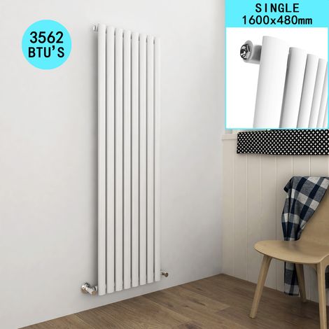 ELEGANT 1600 x 480 mm White Vertical Column Radiator Single Oval Panel Designer High Heat Output Radiator + Anthracite Thermostatic Radiator Valves (1/4)