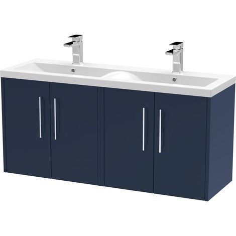 Winshill Contemporary 4 Door Wall Hung Vanity Unit with Double Basin, Dark Blue, 1200mm